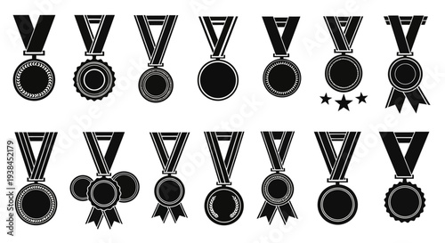 Collection of Black and White Award Medals Icons Set