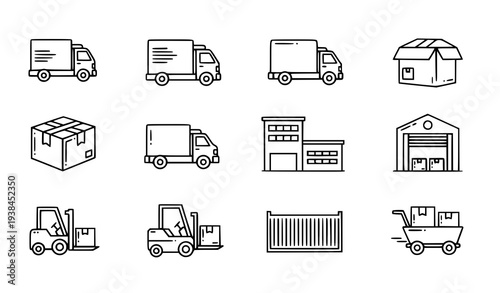 A set of logistics and transportation icons in a flat minimal style