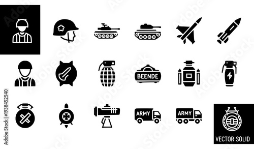 A set of black and white vector icons depicting military symbols and equipment