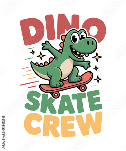 Dino Skate Crew Cute Dinosaur Skateboard Cartoon Typography T Shirt Design