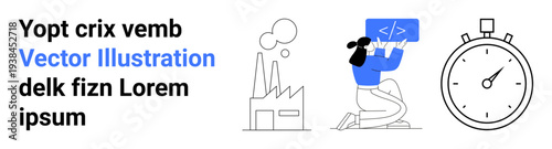 Technology progress, productivity, coding skills, industrial processes, development speed, time tracking. A factory, programmer and stopwatch. Technology progress and productivity concept