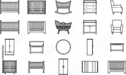 A collection of baby furniture outlined and displayed, representing essential items for a nursery, perfect for showcasing interior design and parenting themes.