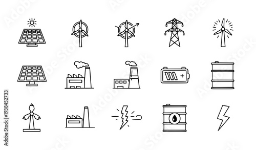 A set of black and white line art icons representing various energy sources and power generation methods