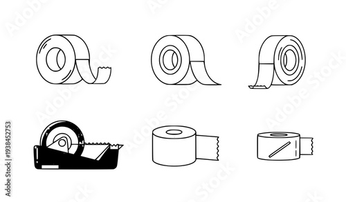 A set of tape rolls and dispensers in a minimalist line art style