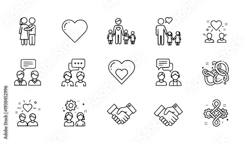 A set of black and white line art icons depicting people and relationships