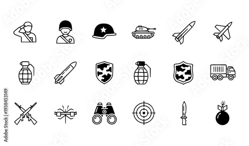 A collection of military icons and symbols in a flat design style
