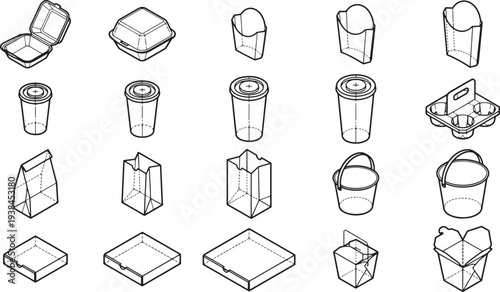 A curated assortment of takeaway containers and vessels, perfect for conceptual visual applications, from fast food packaging and restaurant catering supplies.