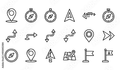 A set of navigation icons including compasses, maps, and directional arrows