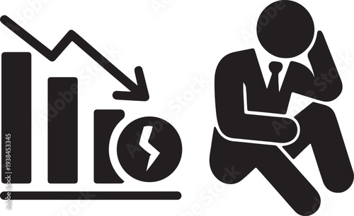 A distressed businessperson sits beneath a declining graph with a lightning bolt on transparent background silhouette