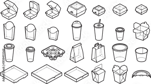 A collection of minimalist, line-art illustrations, showcase an assortment of fast food containers, offering a contemporary take on food packaging. 