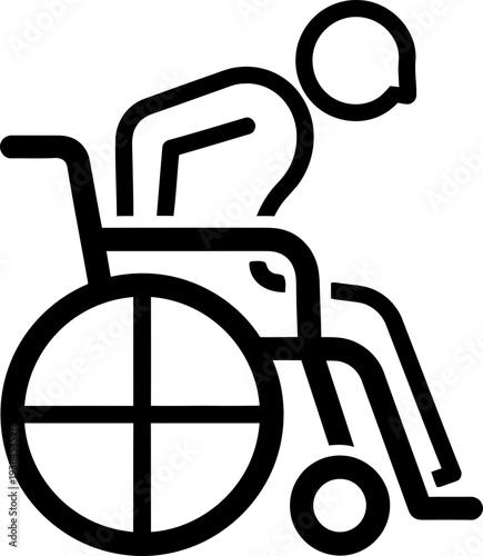 Man or person sitting in wheelchair. Mobility, disability, accessibility, independence, and assistance concept. Simple outline vector icon