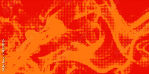 Abstract vibrant orange and red halftone dot pattern background, wavy smoke fluid motion texture, retro pop art style, modern artistic digital vector backdrop design.