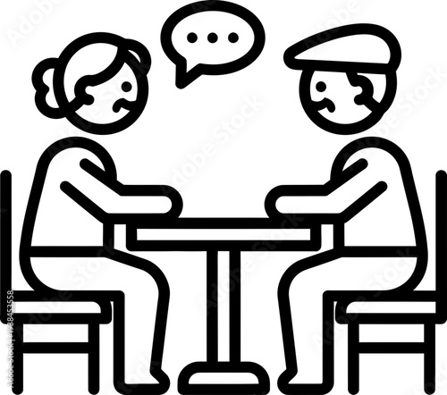 Two women and man talking sad discussion problems with speech bubble at table. Outline thin line flat symbol vector icon illustration