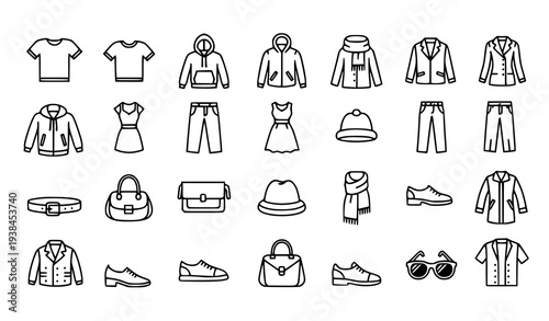 A collection of fashion icons and clothing items in a minimalist line art style
