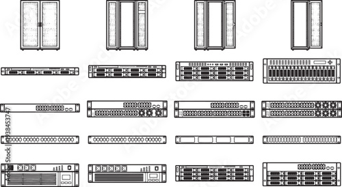 Detailed schematic representation of Server Racks and IT equipment, ideal for illustrating networking infrastructure, data center design, and technological processes. 