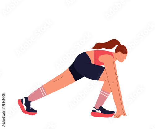 Young female in a low lunge starting position. Woman stretching or preparing for a run isolated on white background. Design element for fitness and workout lifestyle.