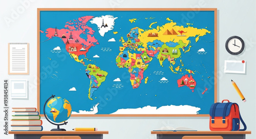 Colorful World Map Educational Poster for Classroom.
