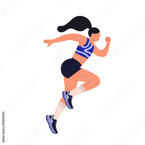 Woman athlete running fast. Flat vector illustration of a female sprinter in sportswear on white background. Isolated character for sports, fitness, marathon.