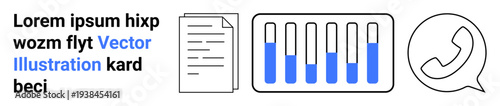 Text block alongside document icon, vertical bar data chart with colored segments, and call icon. Ideal for business, communication, analytics, reporting, contact, data sharing simple landing page