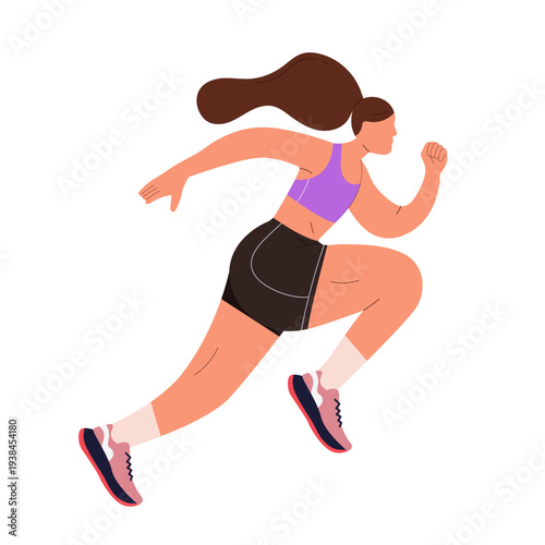 Plus size female athlete in sportswear sprinting. Isolated character for body positive sports, fitness, weight loss and healthy lifestyle.