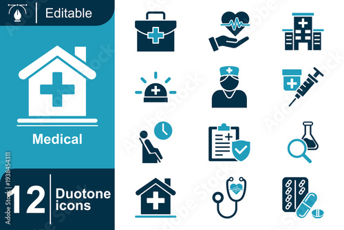 Collection of 12 medical duotone icons featuring essential healthcare symbols for professional and digital use, editable and versatile for various applications