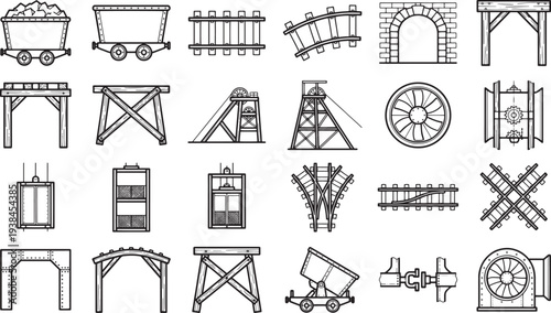 A collection of stylized black and white illustrations showcasing a variety of elements related to the mining industry.