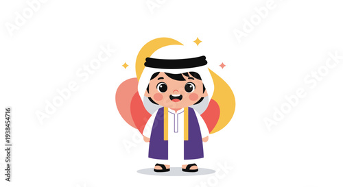 Smiling young boy dressed in traditional Arabic cultural attire including a white thobe and purple bisht stands against a colorful background.