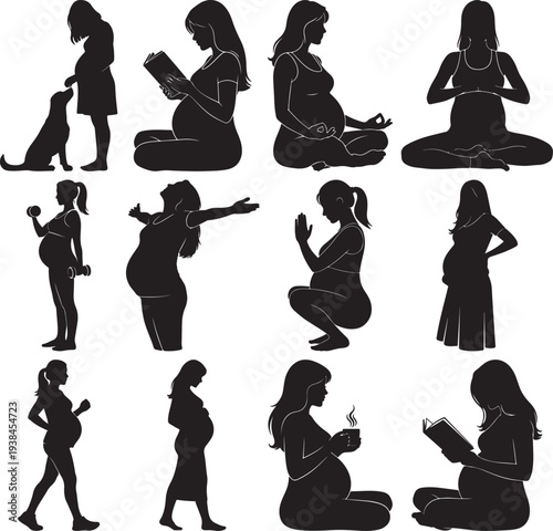 Pregnant women in various poses and activities pregnant black silhouette silhouettes 1