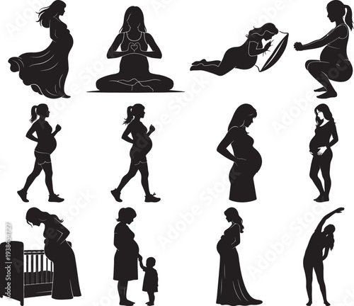 Pregnant women in various poses and activities pregnant black silhouette silhouettes 2