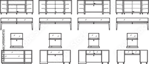 Detailed technical drawings of modular furniture elements. showing a collection of precisely rendered architectural elements with technical details.