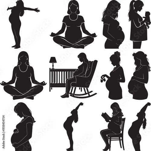 Black silhouettes of pregnant women in various yoga poses and daily pregnant black silhouette
