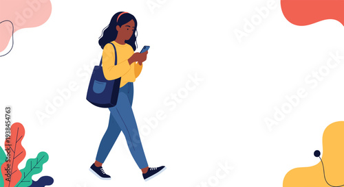 Young woman focused on her smartphone screen while walking through a city carrying a blue shoulder bag against a colorful abstract background.