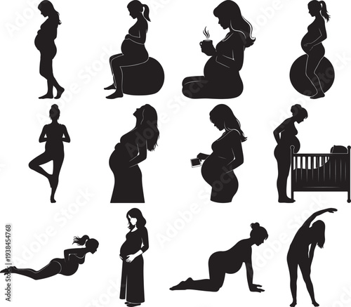 Pregnant women in various poses and activities pregnant black silhouette silhouettes