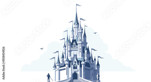 Grand blue and white fairy tale castle with multiple towers and flags stands majestically against a soft cloudy sky in a magical fantasy land.