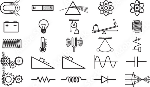 Collection of scientific equipment icons in a line. It's ideal for illustrating concepts, presentations, and educational materials.