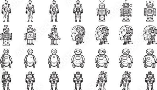 Diverse array of meticulously rendered robotic figures, depicting a variety of designs and styles. This collection captures the essence of artificial intelligence and technological innovation.