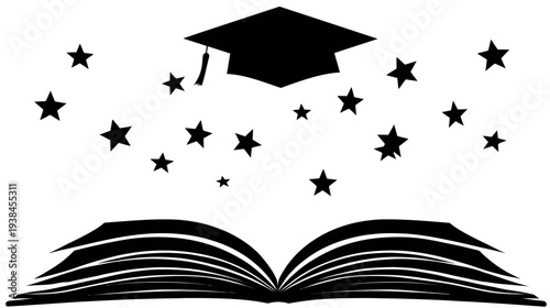 Open book with graduation cap and stars, symbolizing education, academic success, knowledge, learning, and achievement.
