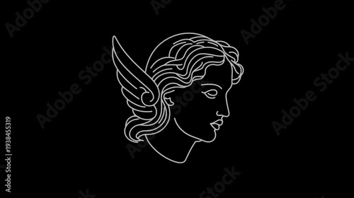 Elegant minimalist winged head in profile vector illustration. Classic line art drawing on black background, ethereal graphic design element.