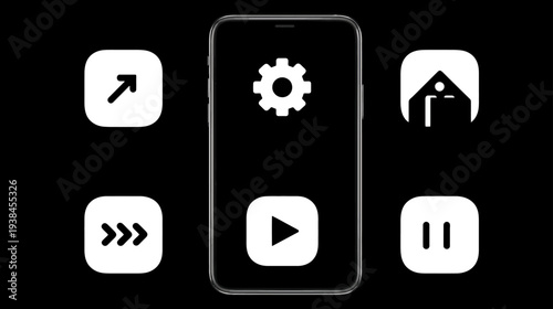 Modern smartphone app interface with media player controls, settings, play, and pause icons. Digital user experience concept.