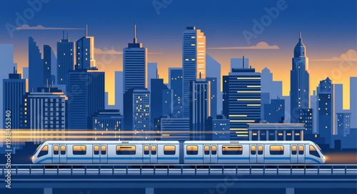 Modern city skyline with high-rise buildings and a train in the foreground.
