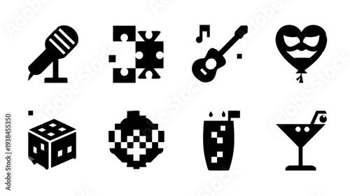 Vector icon set for entertainment, parties, and leisure activities featuring microphone, puzzle pieces, guitar, heart balloon, dice, disco ball, and various drinks.