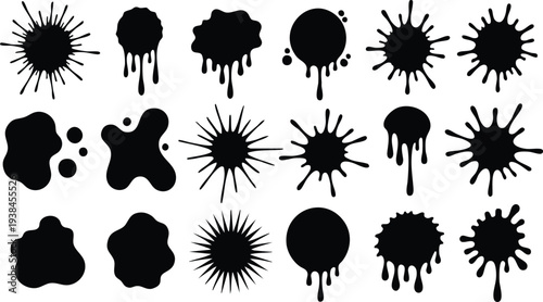 Ink drops and splashes. Blotter spots, liquid paint drip drop splash and ink splatter. Artistic dirty grunge abstract spot vector set. Illustration monochrome drip splash, splat messy inkblot