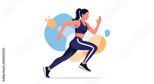 Athletic young woman in dark sportswear runs with high intensity against a dynamic abstract background for fitness and healthy life motivation.