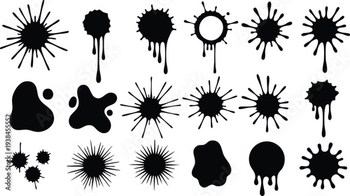 Ink drops and splashes. Blotter spots, liquid paint drip drop splash and ink splatter. Artistic dirty grunge abstract spot vector set. Illustration monochrome drip splash, splat messy inkblot