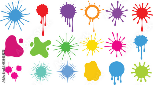 Colorful Paint splatter set. Round splash flat collection, decorative shapes liquids. Different splashes and drops, vector illustration