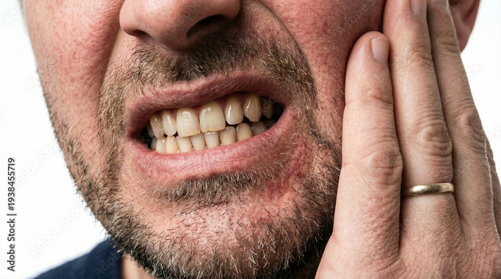 Fototapeta premium Macro photo of the mouth and lower face of a man with a toothache caused by gum problems and inflammation, grimacing in pain and holding his jaw with his hand, isolated on white background