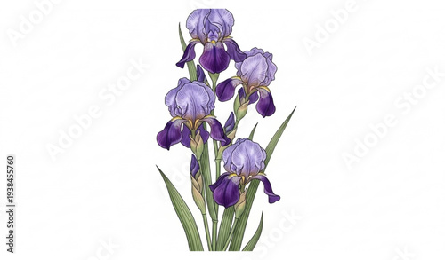 Vintage Purple Iris Flowers Botanical Illustration Floral Art Isolated on White Background