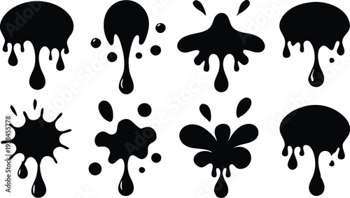 minimal Ink drops and splashes. Blotter spots, liquid paint drip drop splash and ink splatter. Artistic dirty grunge abstract spot vector set. monochrome drip splash, splat messy inkblot