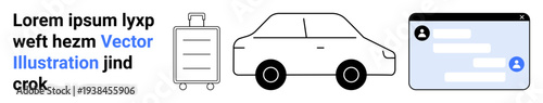 Travel logistics, transportation, mobile communication, digital connectivity, tourism booking, vehicle rental. Luggage, car and chat interface symbols on white background. Travel logistics
