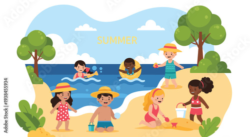 Diverse group of happy children playing on a sandy beach by the blue sea with beach toys and inflatable floats during a fun summer vacation.